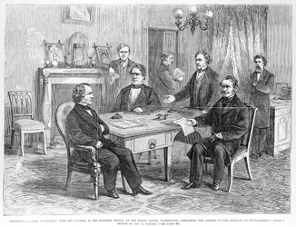 Prezydent Johnson (1808-1875) konsultujący się ze swoim radcą, z „Frank Leslie